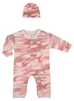 Pink Camouflage long sleeve cotton fleece baby sleeper and hat for a baby girl