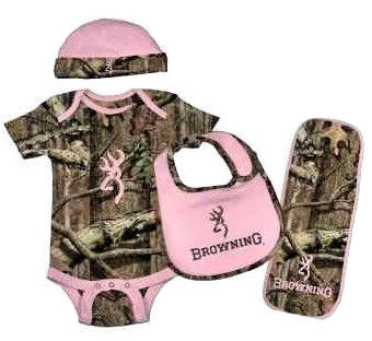 Pink and olive green Browning Mossy Oak pattern camo onesie beanie and burp cloth set for a baby girl