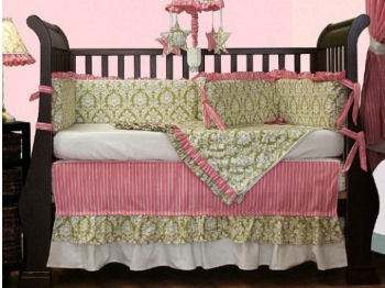 Pink and green damask print baby girl crib bedding set for an elegant feminine nursery