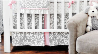 White pink and gray damask baby crib bedding set for a girl's princess nursery room