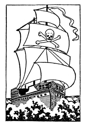 Tall sailing pirate ship clip art in black and white drawing artwork