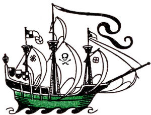 Free pirate ship clip art side view of a pirate ship with tall sails flying the Jolly Roger flag