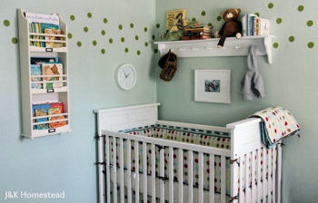 Vinyl polka dot wall decals used instead of wallpaper border in a baby boy nursery room