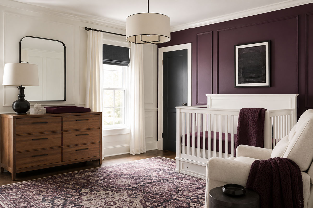 Plum purple nursery with one deep purple accent wall walnut dresser white crib and limited charcoal accents