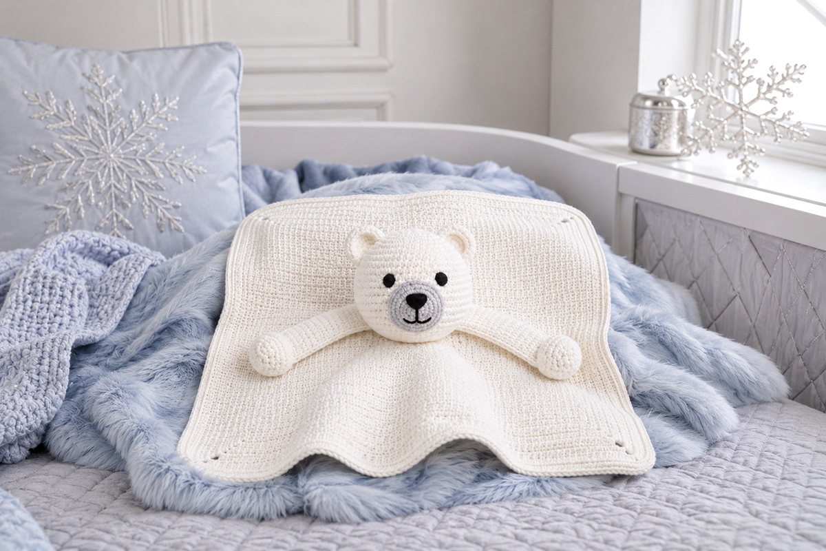 Finished white polar bear crochet lovey with square blanket, rounded bear ears, gray muzzle and embroidered black face