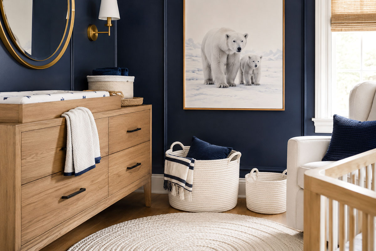 Polar bear nursery corner with navy blue wall natural wood furniture round neutral rug framed bear print and simple white storage baskets