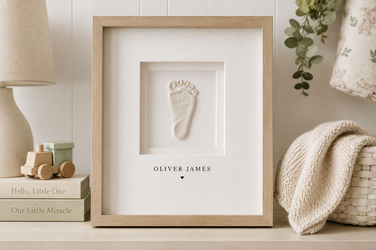 Refined framed baby footprint with wide white mat simple black lettering and light wood frame displayed on a clean nursery shelf