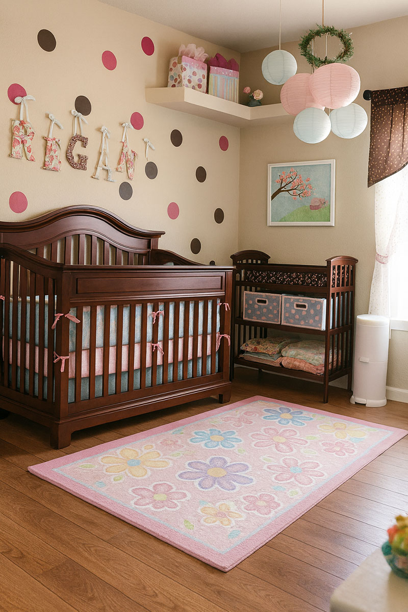 Baby girl nursery with polka dot wall decor, dark wood crib, and pink accents
