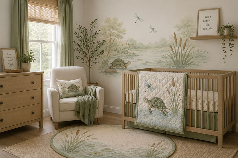 Pond inspired turtle nursery theme with watercolor pond decor and woodland nursery textures