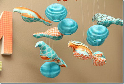 Aqua blue and orange baby bird mobile for a boy's nursery