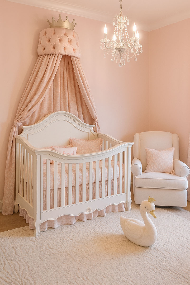 Posh pink and white princess nursery design for a baby girl named Sarah with embroidered pillow and swan toy