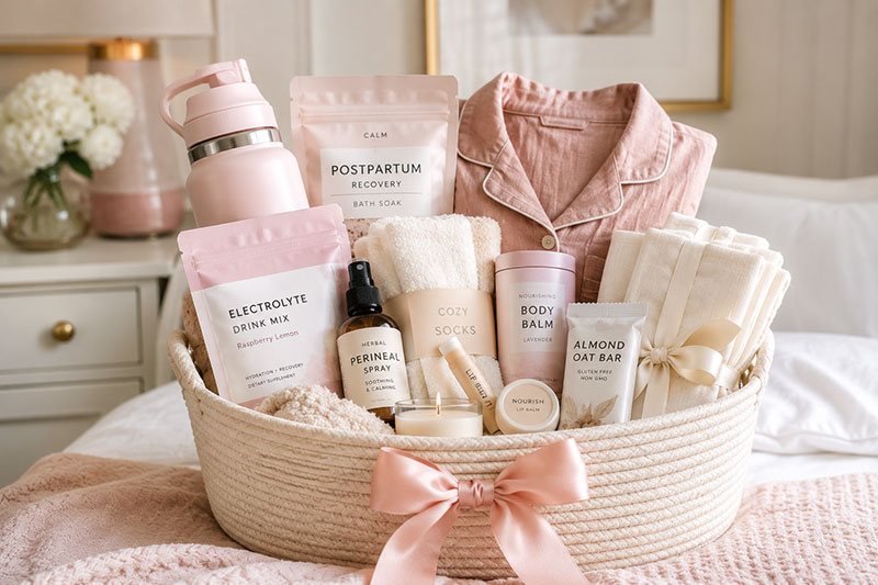 Postpartum recovery basket with water bottle snacks pajamas and newborn care items