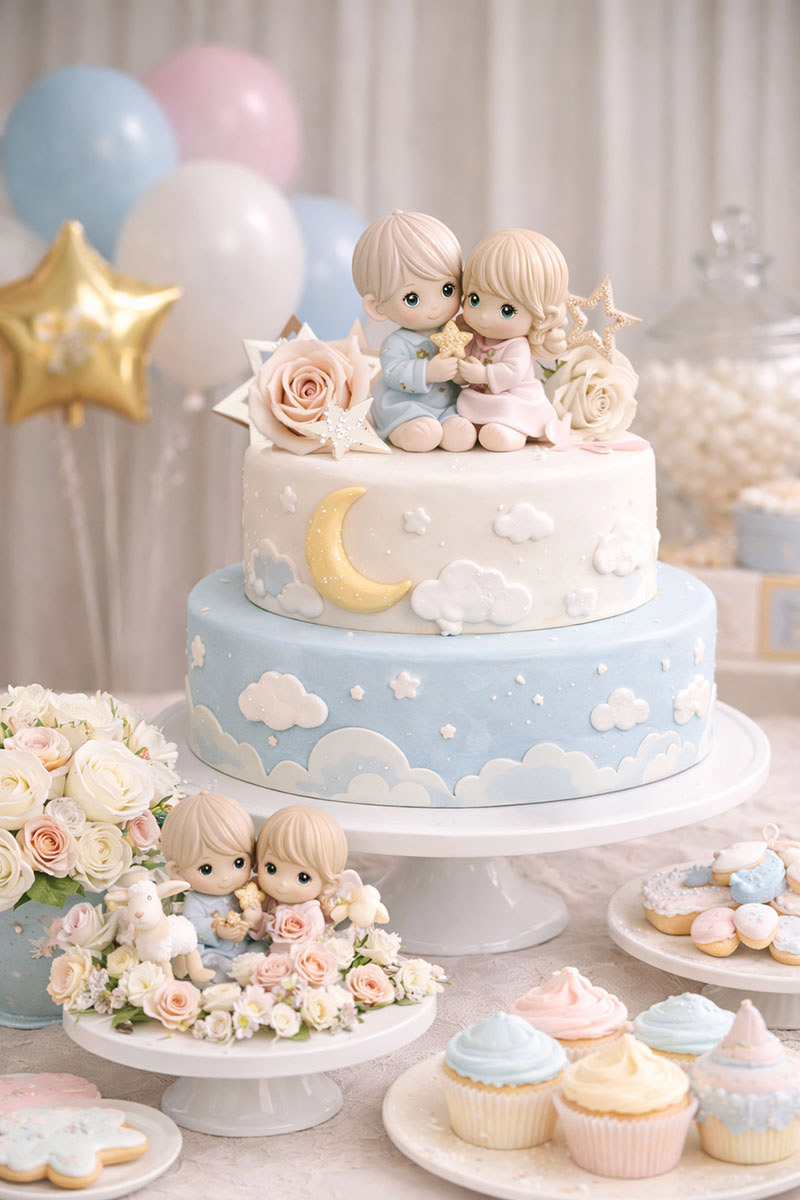 Precious Moments baby shower cake table with soft pastel decorations and simple elegant setup