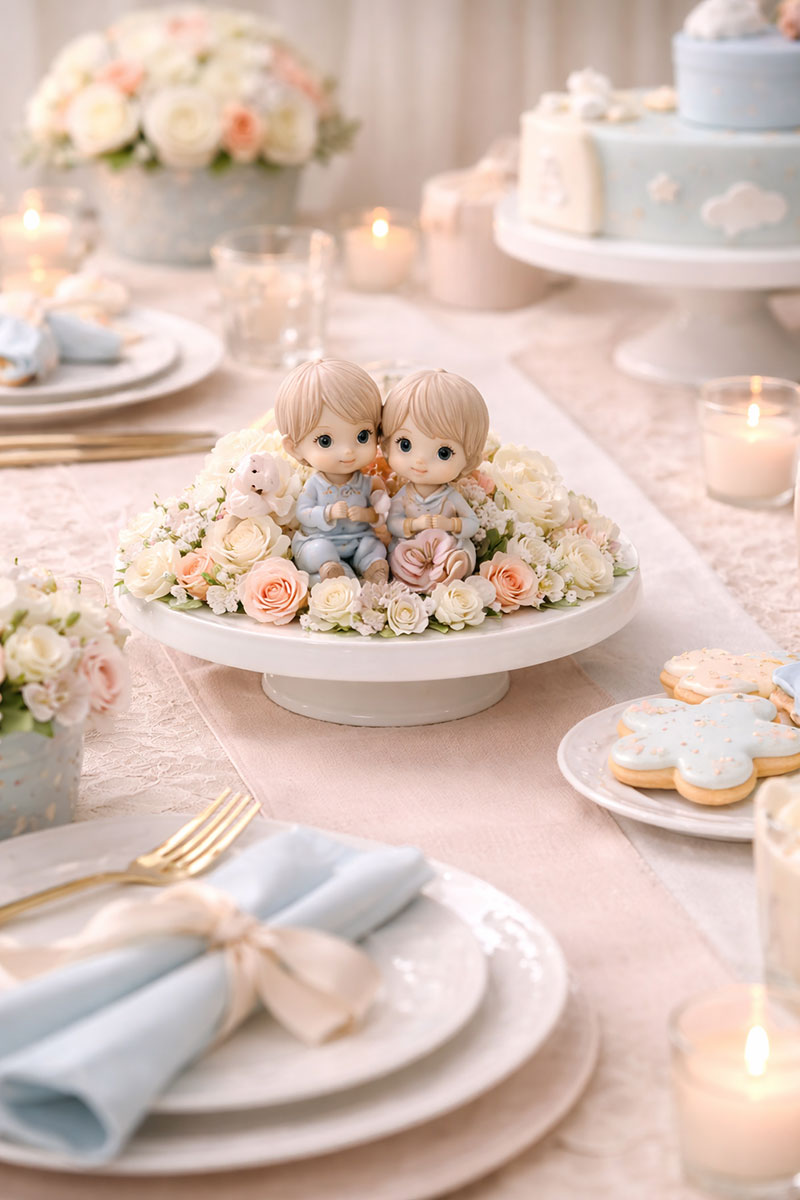Precious Moments baby shower table decor with figurines pastel plates and simple centerpiece styling