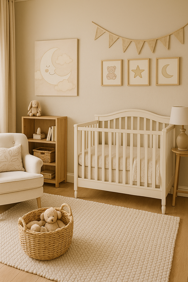 Pregnant mom looking over soft neutral baby nursery decor for inspiration
