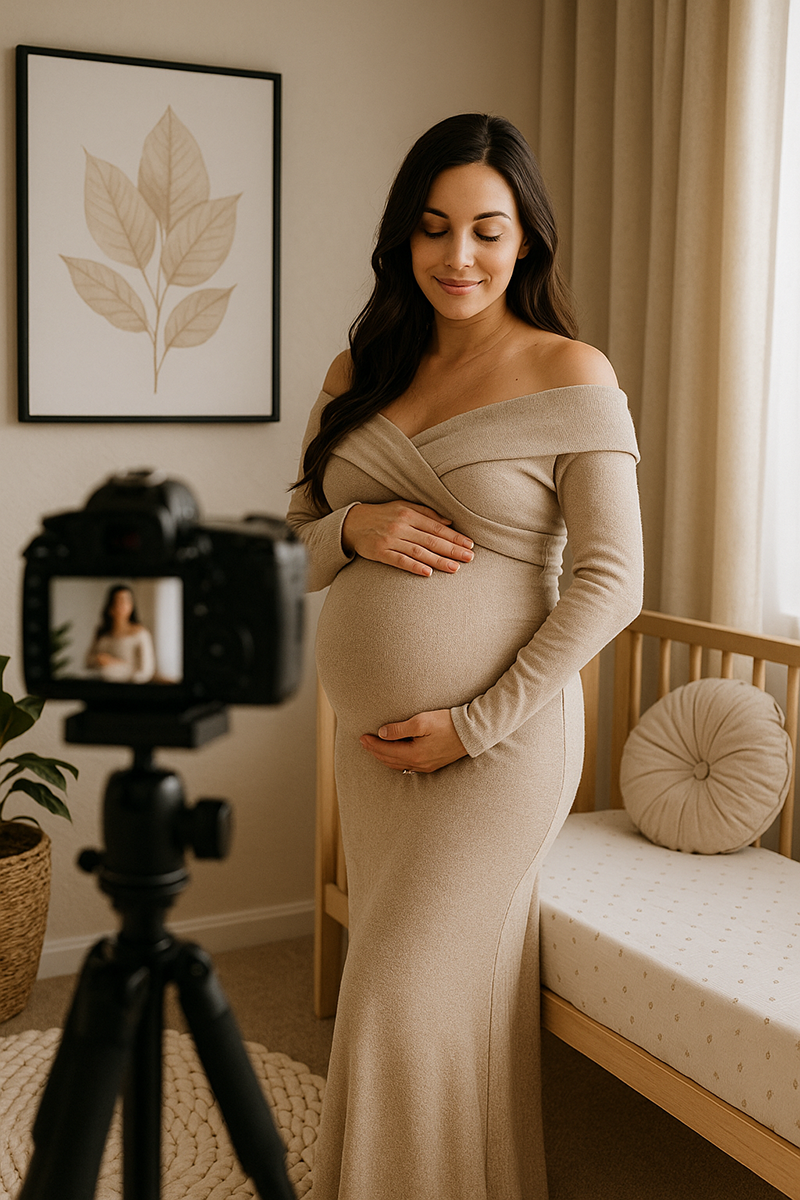 Pregnant mom choosing comfortable maternity outfits on a soft nursery chair