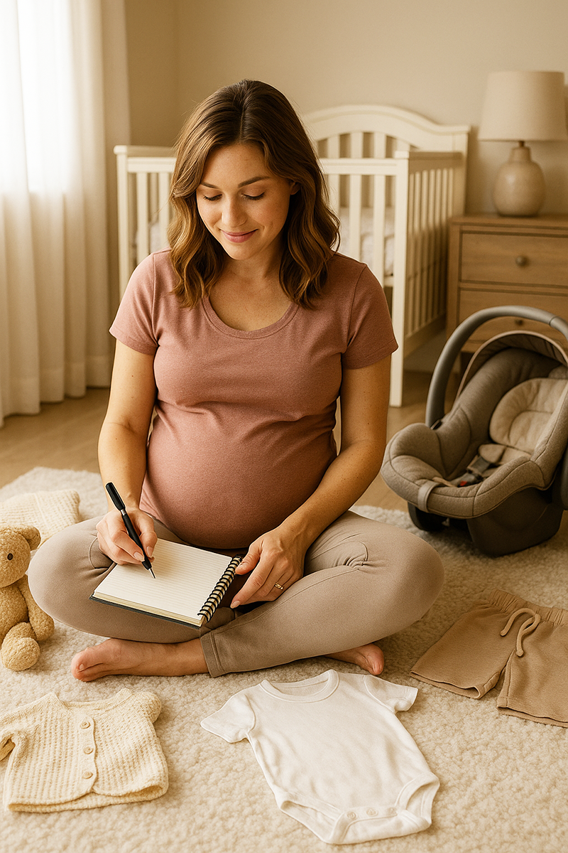 Pregnant mom reviewing nursery décor ideas, baby gear options, maternity photo inspiration, and outfit advice