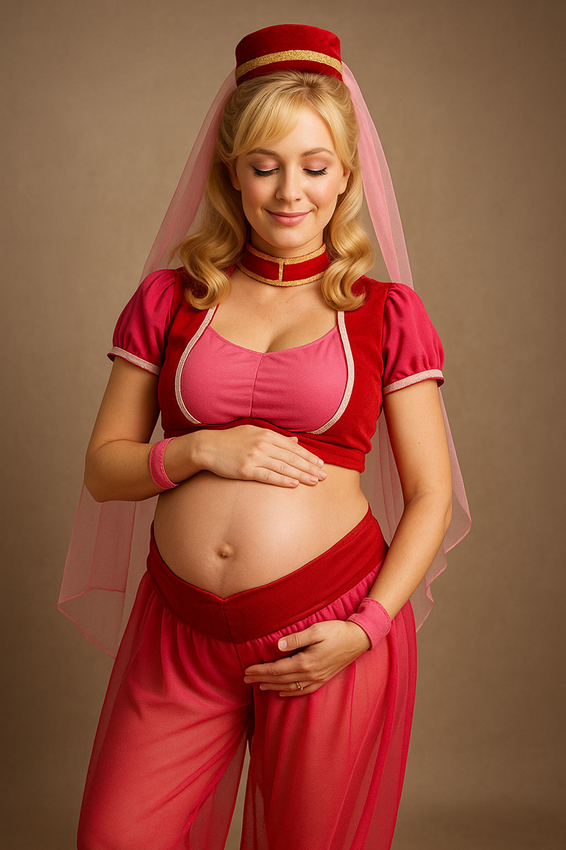 Pregnant woman dressed in an I Dream of Jeannie maternity costume with pink harem outfit and jeweled headpiece