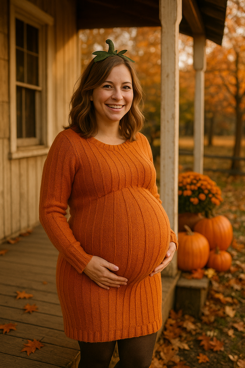 Pregnant mom in a cozy orange knit pumpkin maternity bump costume with leafy stem headband standing on a farmhouse porch surrounded by pumpkins and fall leaves in golden autumn light