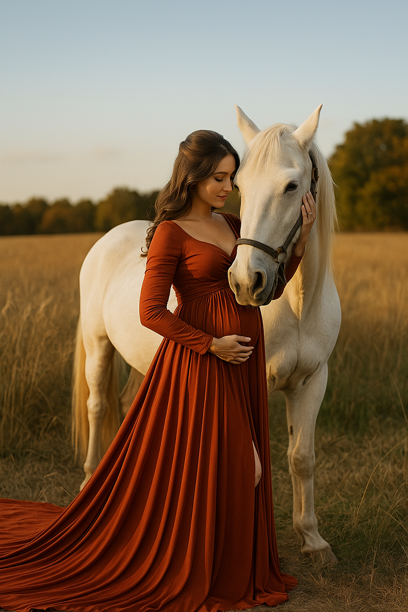 Pregnant woman in a flowing rust maternity gown standing beside a white horse in a golden field at sunset, her hand resting gently on her baby bump as she leans toward the horse in a peaceful, natural moment.