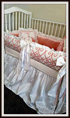 Custom pink and ivory silk and chenille princess baby crib bedding set.