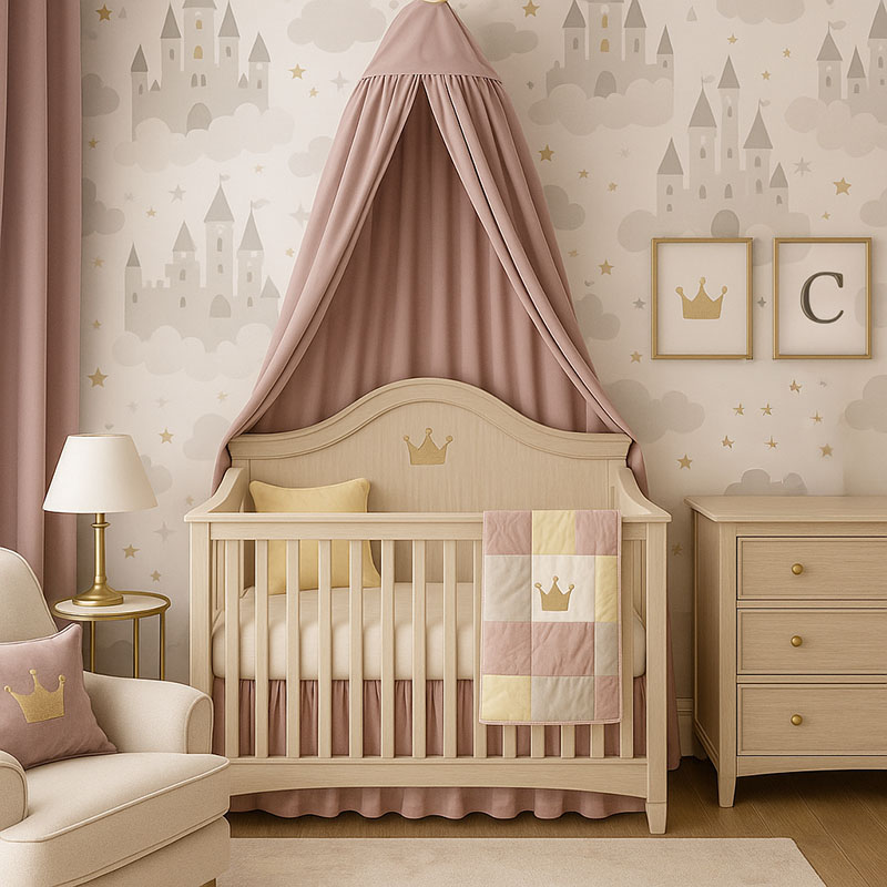Princess nursery with illustrated castle wallpaper and light pickled wood crib