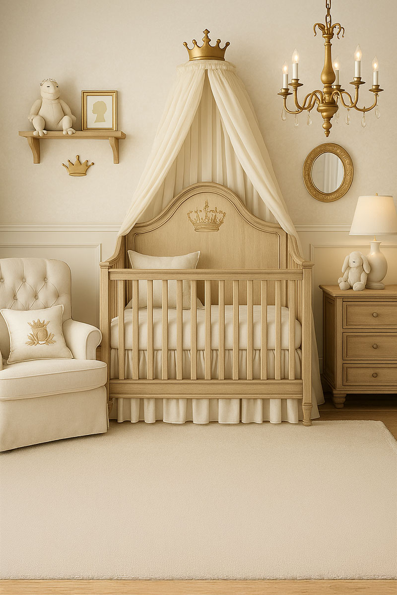 neutral princess baby nursery theme with gold decor 