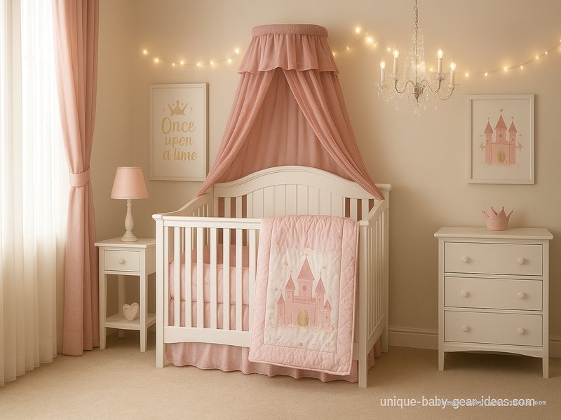 Pink and white princess baby nursery design with unique crib bedding set and crown theme decor
