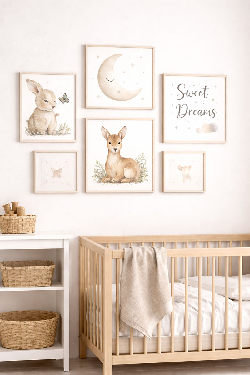 printable nursery wall art gallery set with safari animals above crib