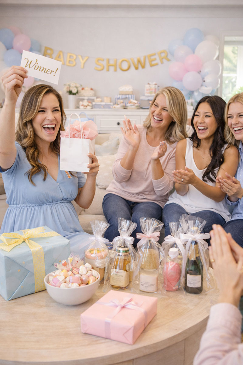 A large group playing for prizes and a table set with small gifts, raffle tickets, and party game supplies
