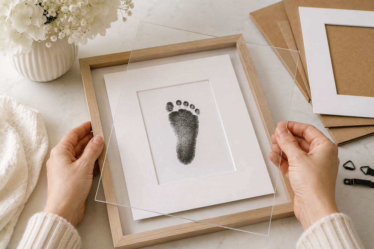 Framed baby footprint keepsake being carefully assembled with white mat backing and protective glazing on a clean work surface