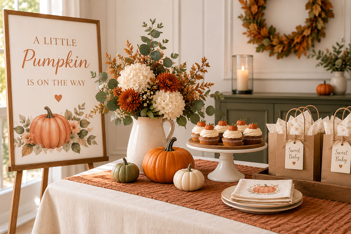 Pumpkin baby shower and fall decor ideas with an autumn centerpiece nursery accents and seasonal decorations