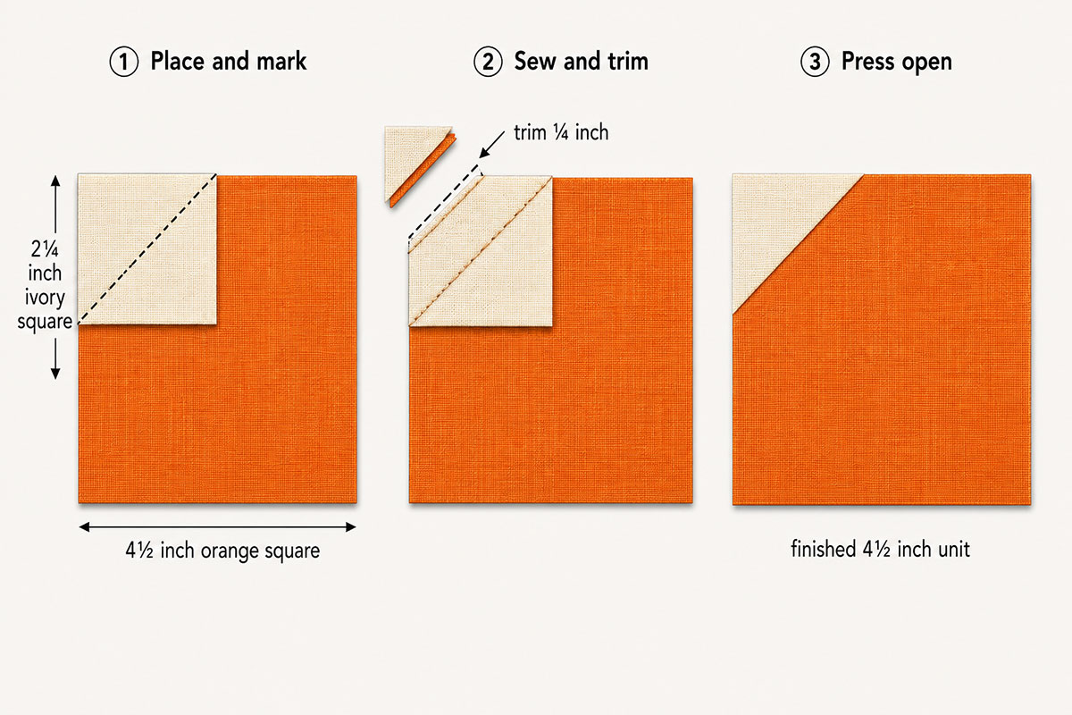 Diagram showing a 4½-inch orange pumpkin block square with a 2¼-inch ivory corner square, diagonal sewing line and trimmed stitch-and-flip corner