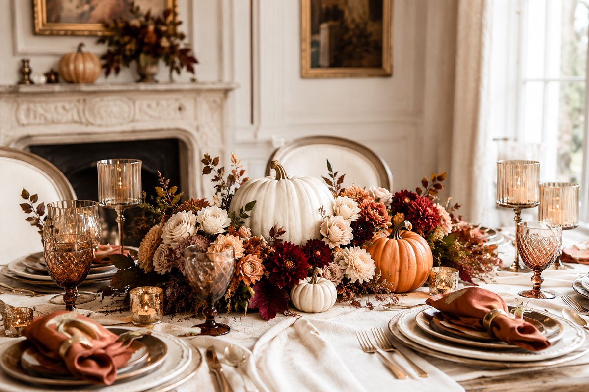 Pumpkin centerpiece ideas with fall flowers, white pumpkins and elegant table arrangements for baby showers, Halloween and Thanksgiving