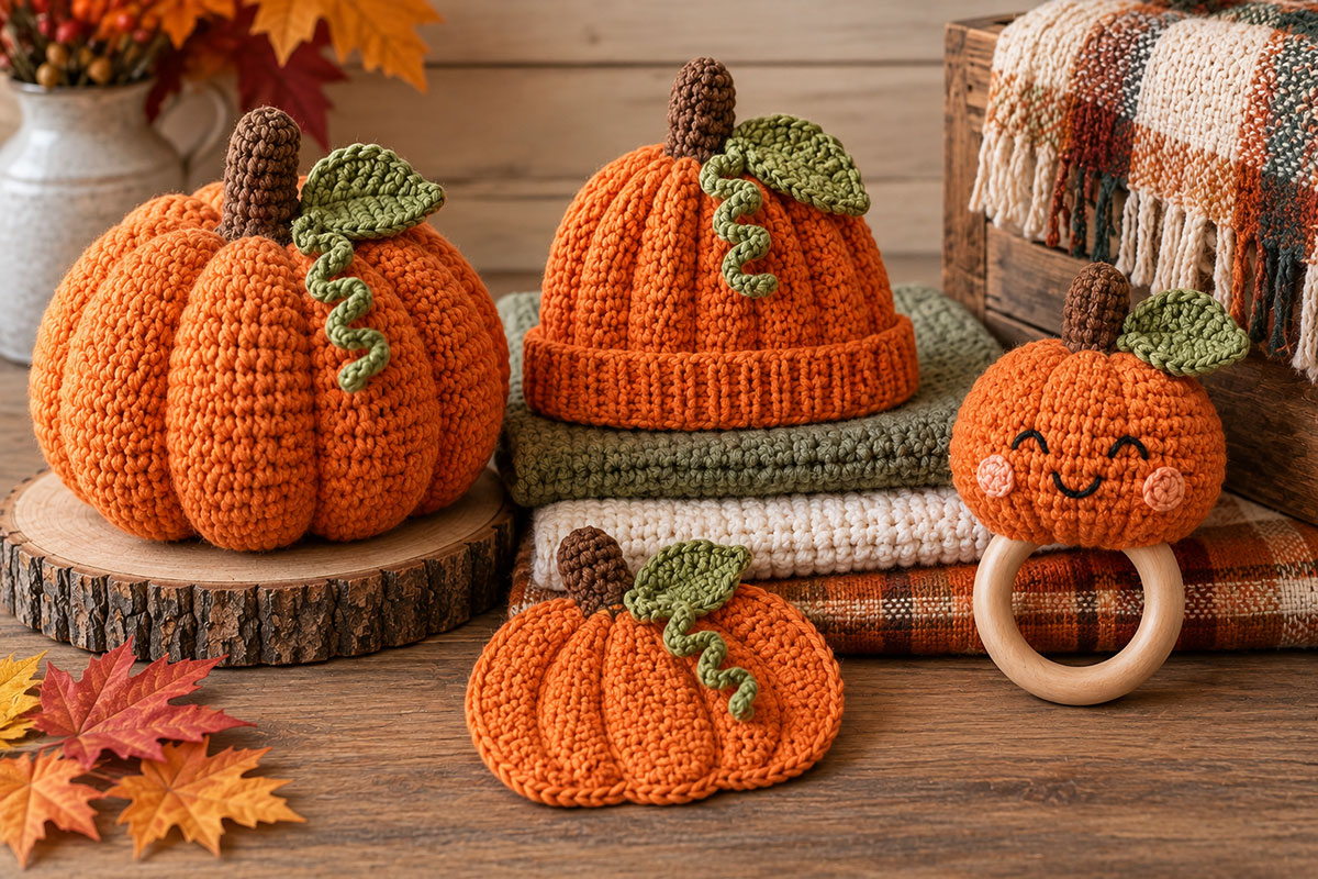 Crochet pumpkin craft ideas including a stuffed pumpkin applique baby hat and pumpkin rattle