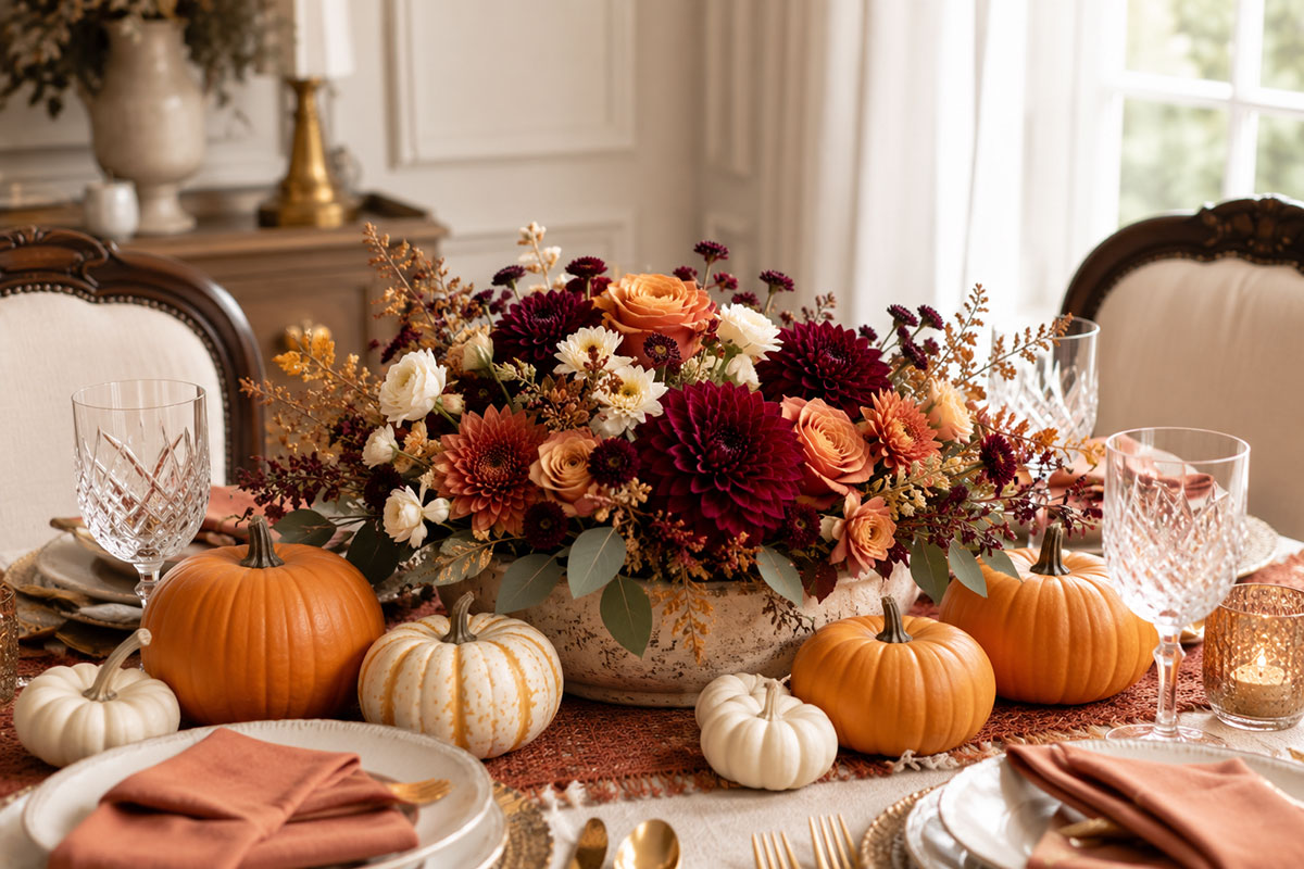 Low fall floral centerpiece with orange and white pumpkins, burgundy flowers and dried accents on a baby shower table