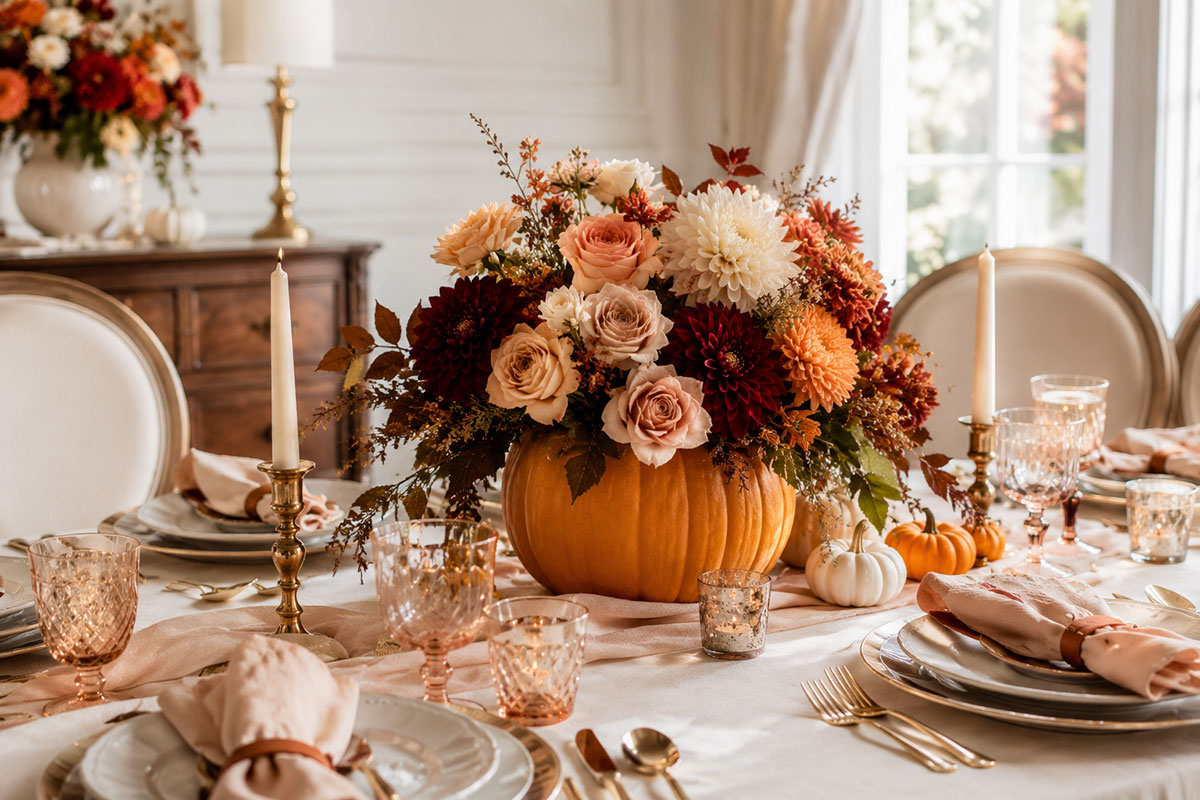 Fall pumpkin flower arrangement with blush, rust and burgundy flowers styled as a baby shower table centerpiece
