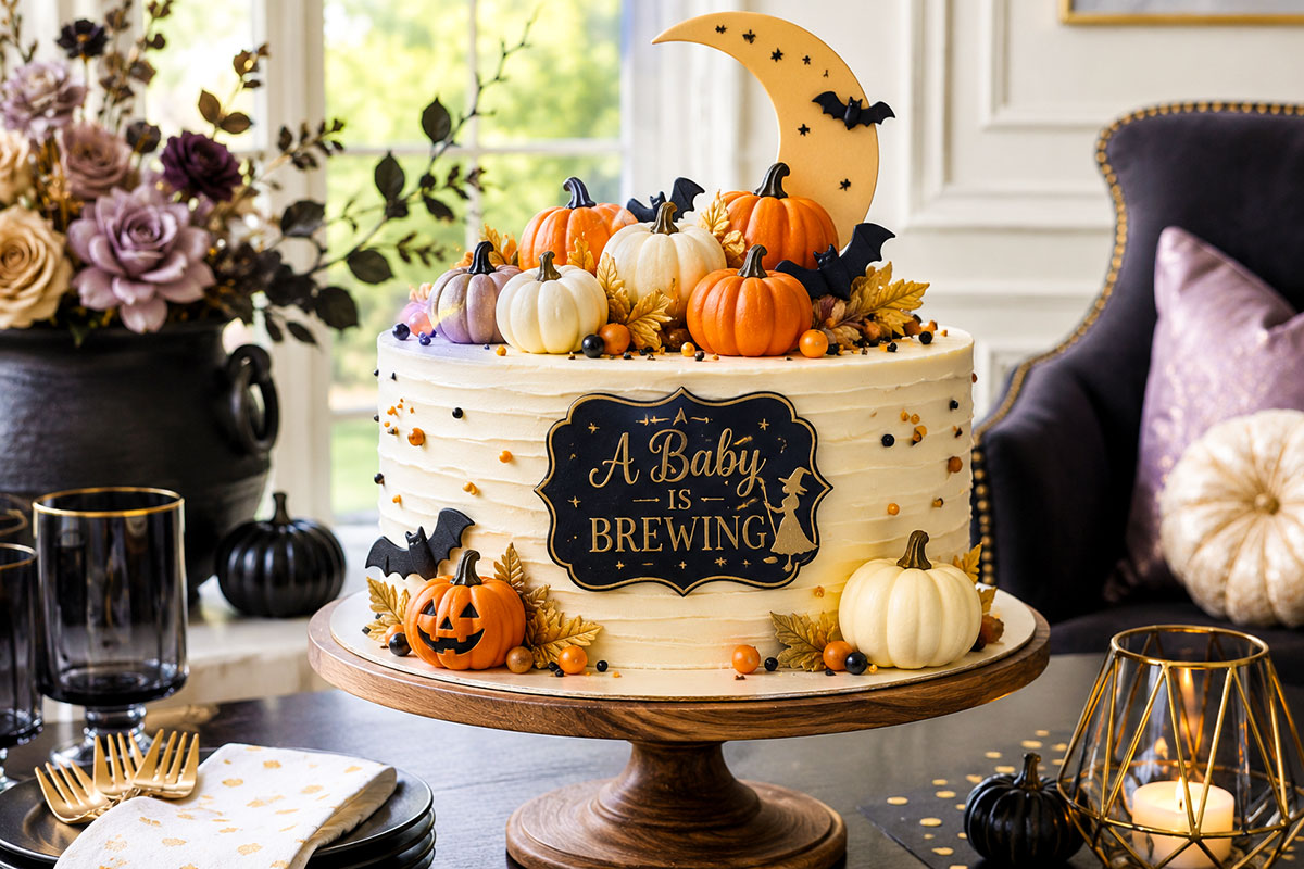 Pumpkin Halloween baby shower cake with ivory buttercream, orange and ivory pumpkins, black bats, crescent moon and A Baby Is Brewing plaque