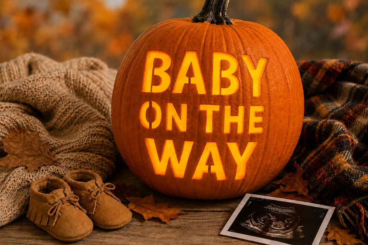 Pumpkin pregnancy announcement with a carved Baby on the Way message arranged for a fall announcement photo