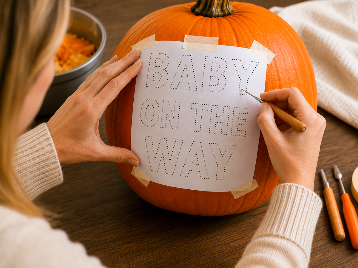 Adult tracing a paper pregnancy announcement stencil onto an orange pumpkin before carving