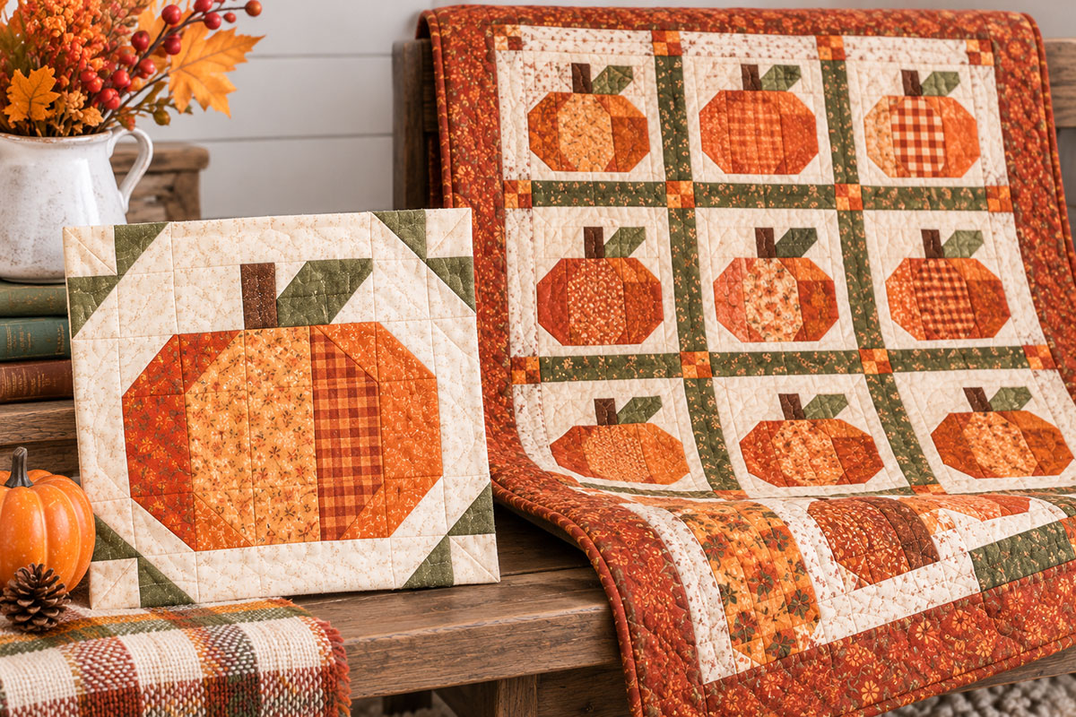 Pieced pumpkin quilt block beside a finished patchwork pumpkin quilt in warm fall fabrics