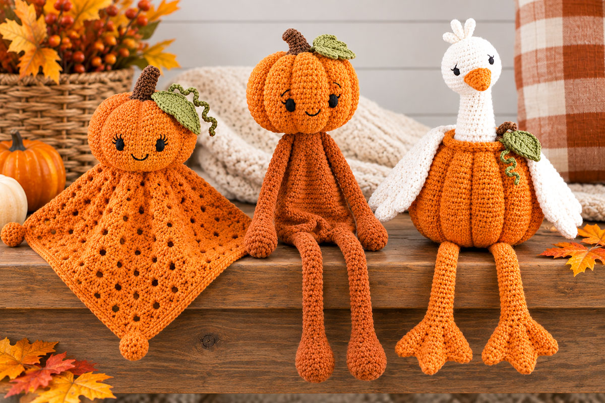 Pumpkin crochet baby projects including a blanket lovey long floppy pumpkin snuggler and pumpkin goose