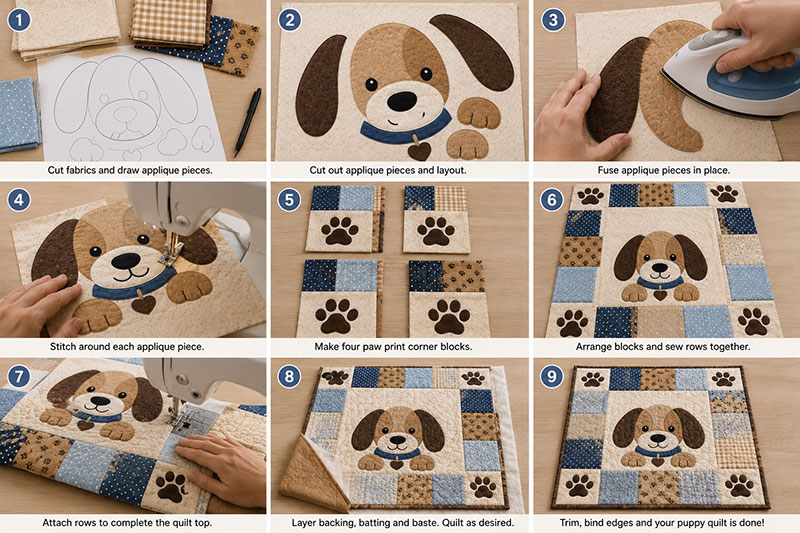 puppy dog baby quilt sewing steps with applique block and patchwork border pieces