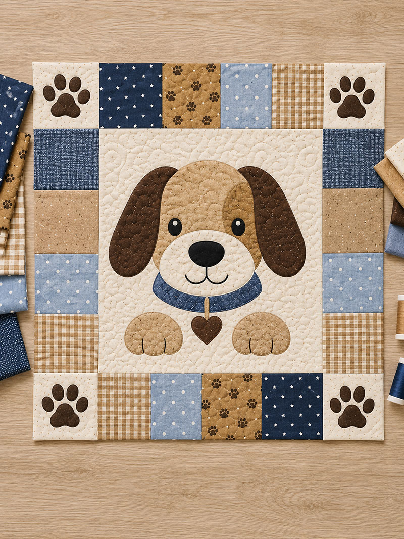 puppy dog quilt block layout with applique ears and paw print corner blocks