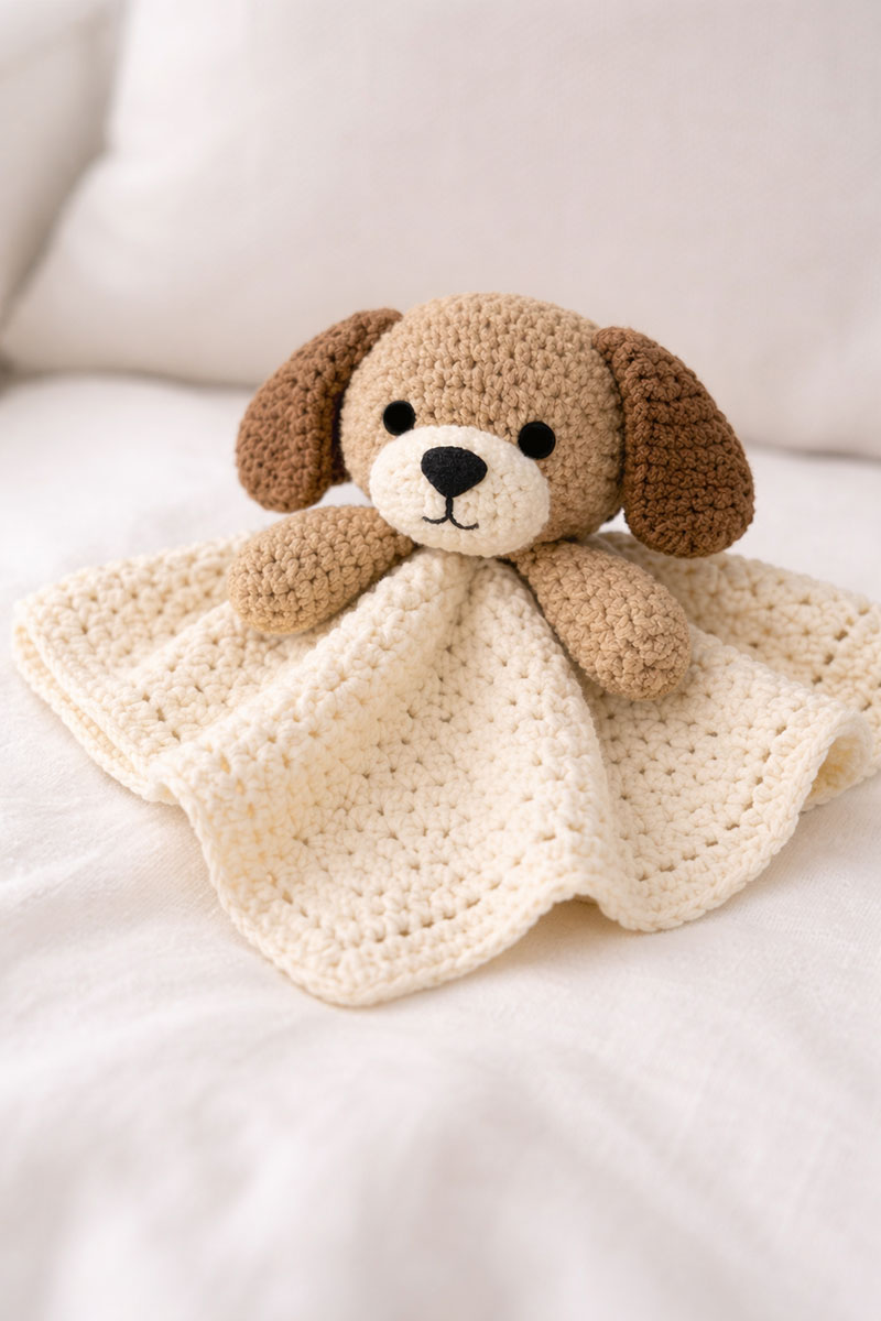 Reference view showing the proportions of a crochet puppy lovey with floppy ears, two arms, and a square draped blanket
