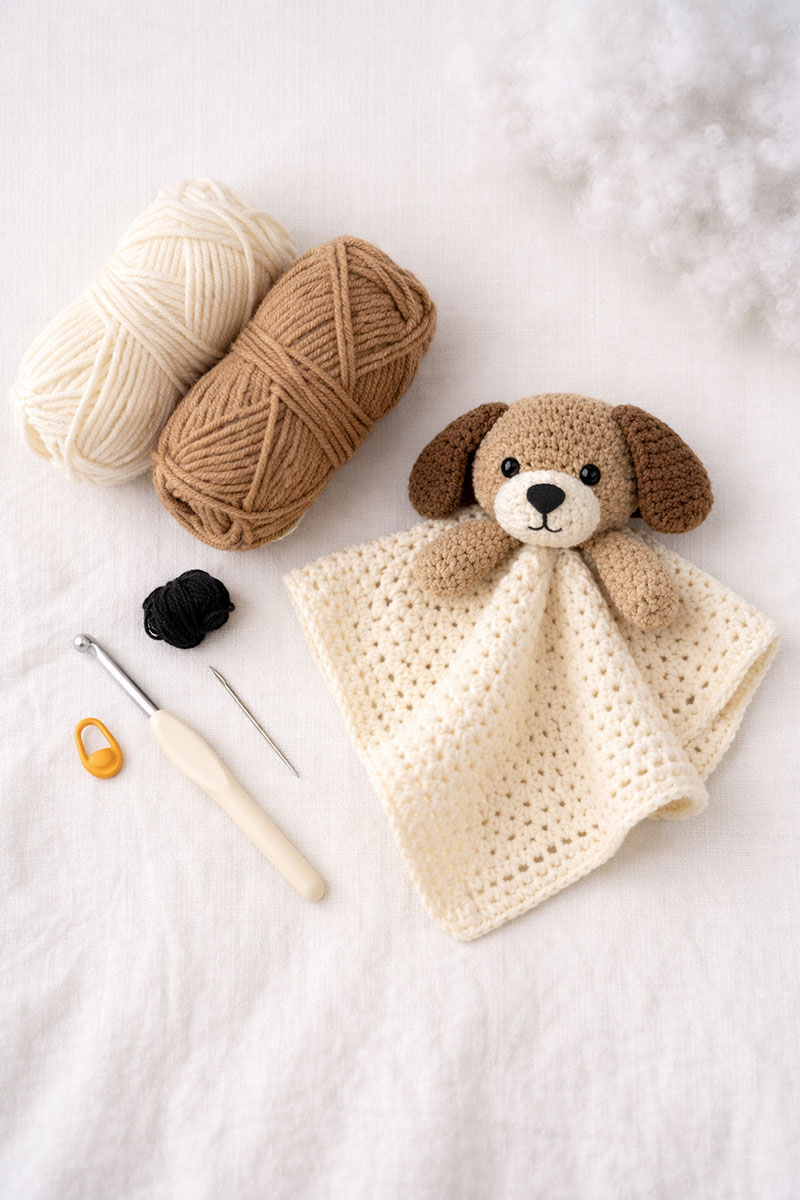 Top view of worsted weight yarn, crochet hooks, embroidery floss, stuffing, needle, and crochet pieces for a puppy lovey