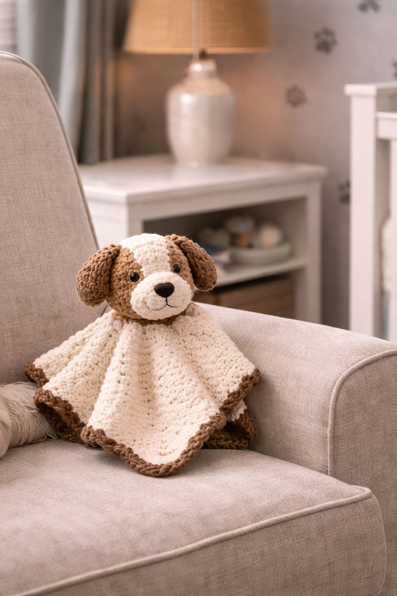 Handmade puppy lovey styled in a cozy puppy-themed nursery