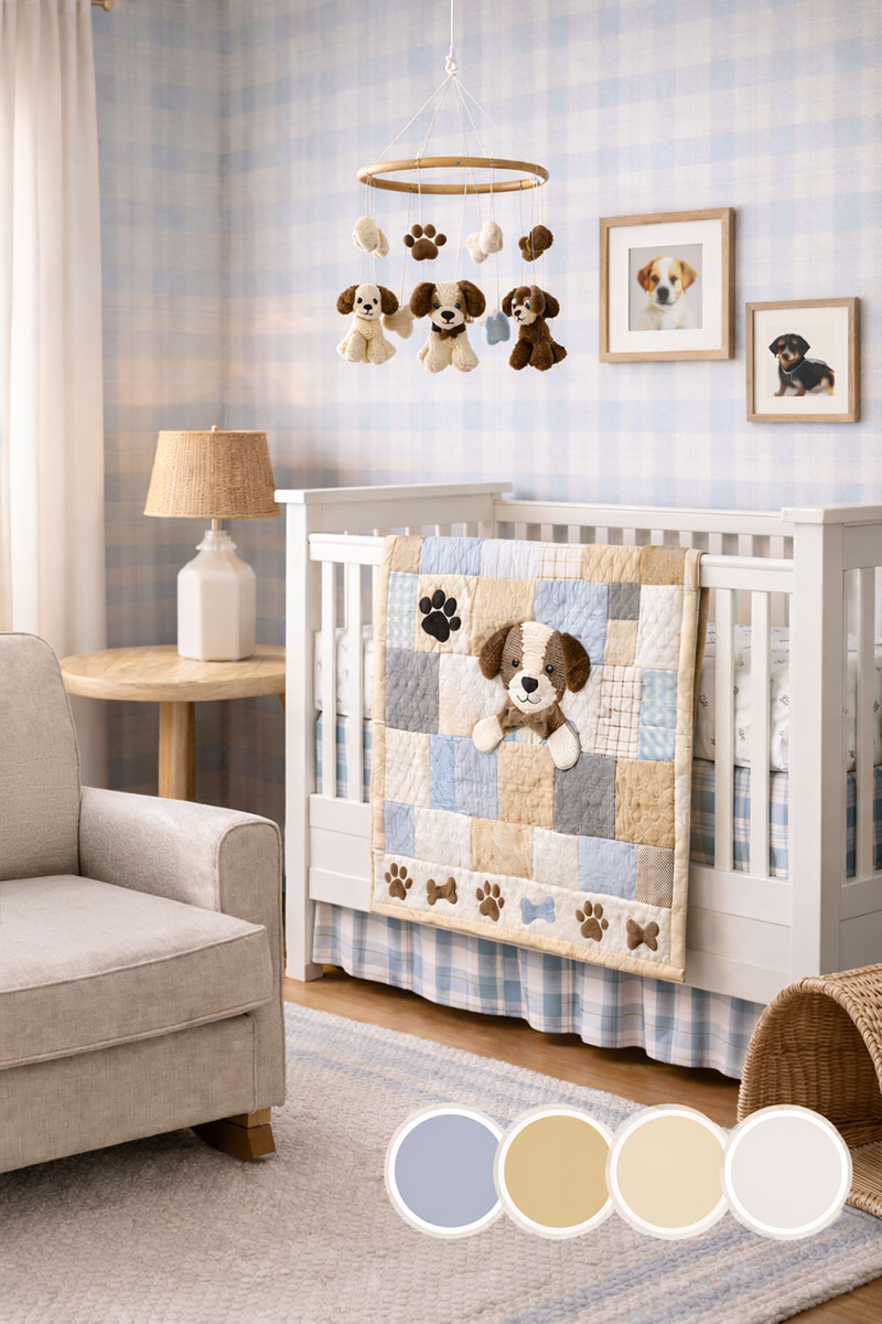 Light blue and neutral puppy nursery color palette with cozy crib styling