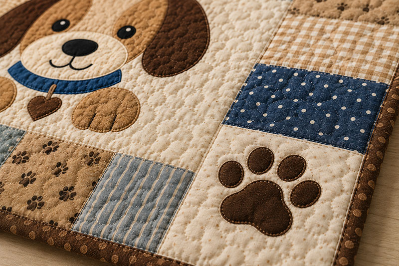 puppy paw print applique quilt detail with stitched fabric pads and crib quilt border