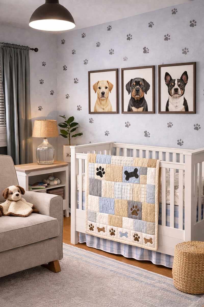 Subtle puppy paw print wall detail in a soft blue nursery